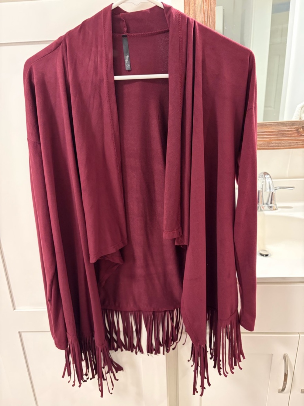 Fringed Open Front Sweater Cardigan - Wine